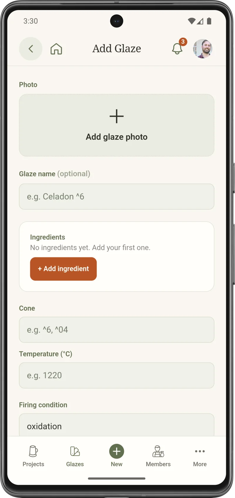 Add Glaze form with fields for a photo, glaze name, ingredients, cone, temperature and firing condition