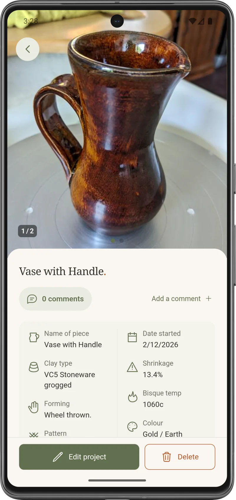 Pottery Log project record displaying a finished glazed vase and its making details