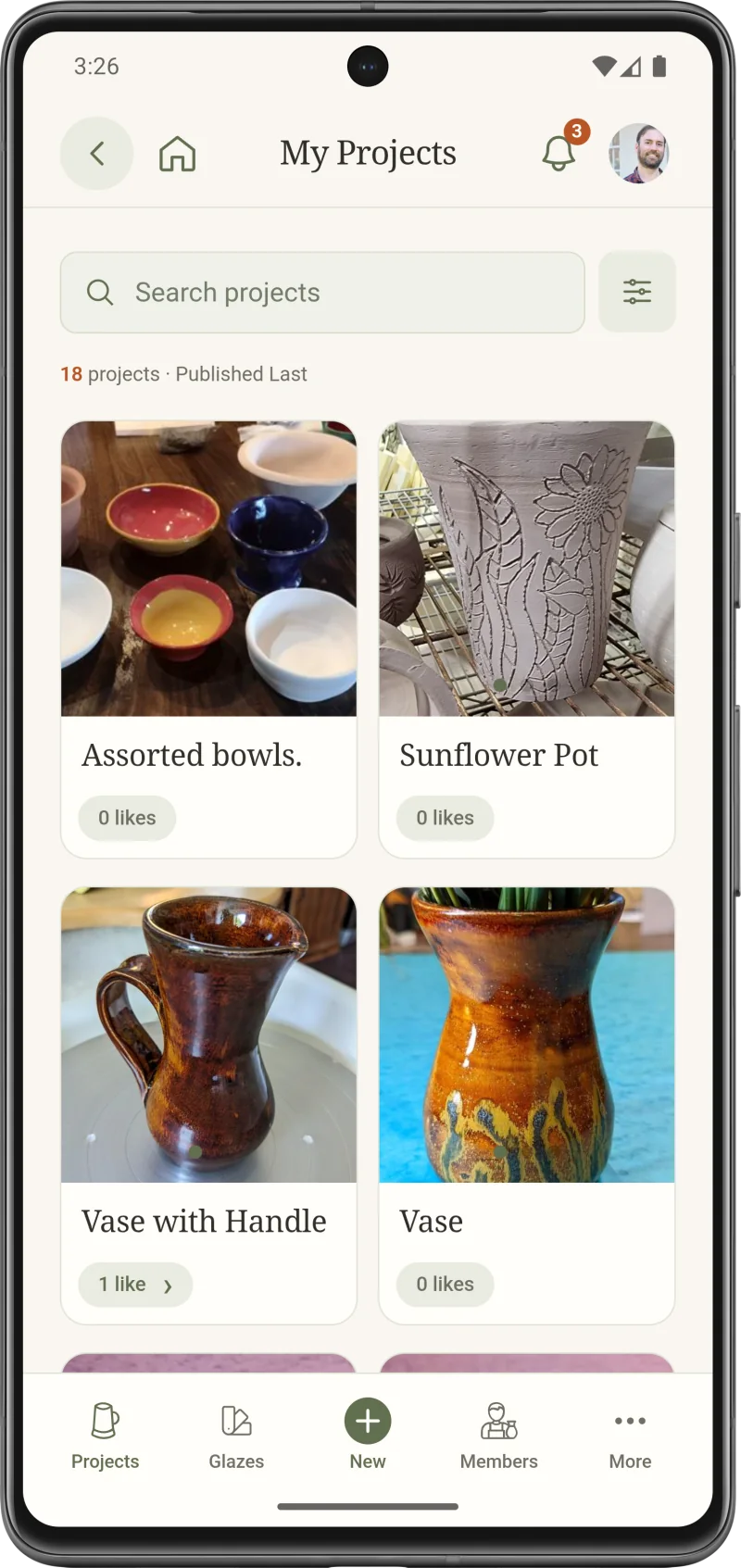 My Projects in Pottery Log showing a searchable gallery of handmade bowls and vases