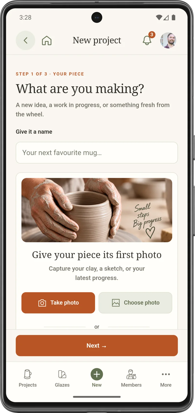 First step of creating a pottery project, with a name field and photo options